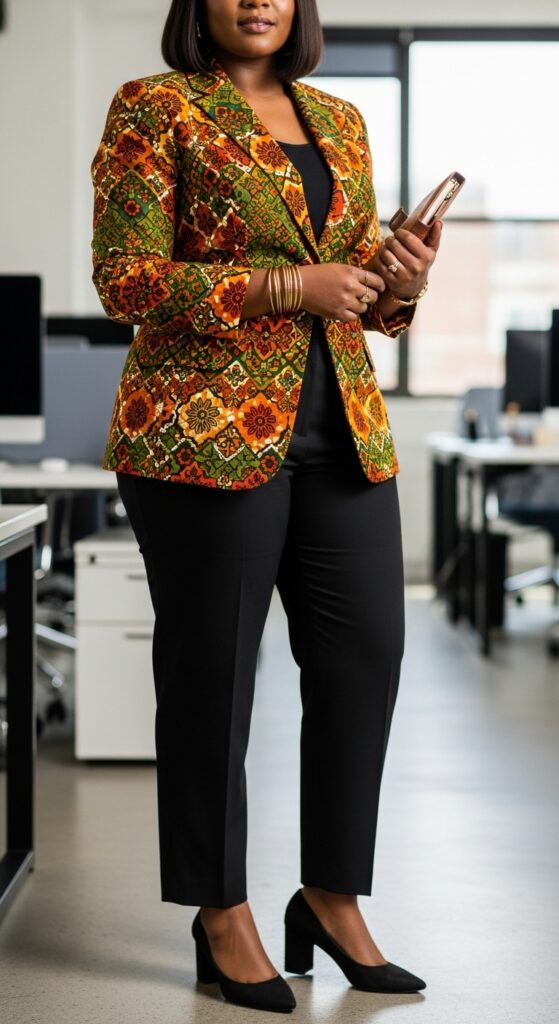 12 Plus Size Fall Office Outfits That Blend Confidence & Professionalism 12 Ankara Print Blazer + Solid Slacks