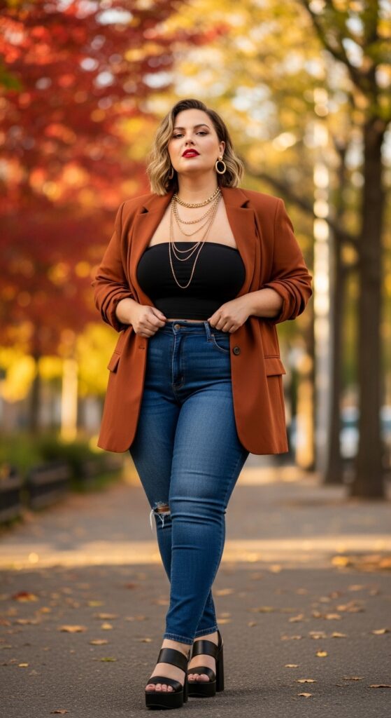 14 Plus Size Baddie Fall Outfits That Scream Confidence (Own Your Curves, Queen!) 14 Bandeau + Blazer + Jeans