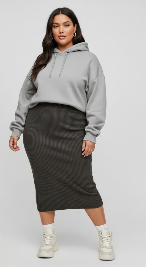 12 Plus Size Basic Fall Outfits That Curvy Women Love 9 Basic Hoodie and High-Waisted Skirt