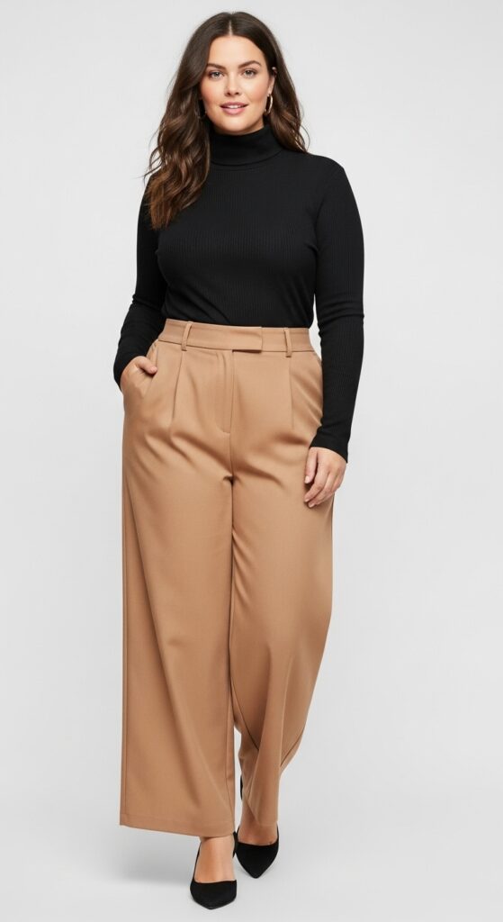12 Plus Size Basic Fall Outfits That Curvy Women Love 4 Basic Turtleneck and Wide-Legged Trousers