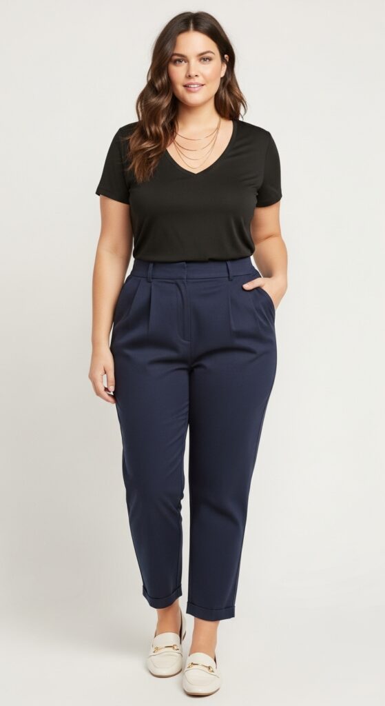 12 Plus Size Basic Fall Outfits That Curvy Women Love 11 Basic V-Neck Tee and High-Waisted Pants