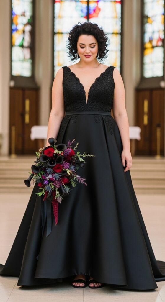 10 Stunning Plus Size Black Wedding Dresses for Curvy Brides 5 Basque Waist Black Dress