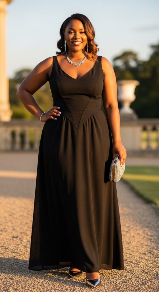 10 Elegant Plus Size Black Wedding Guest Dresses for Curvy Women 3 Basque Waist Maxi Dress