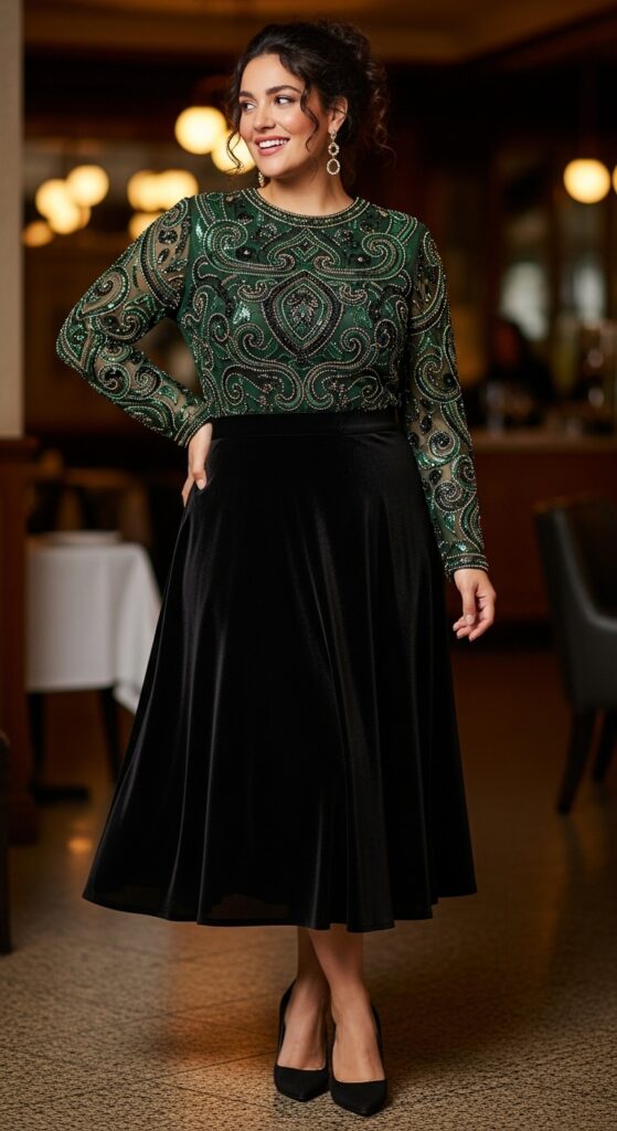 Beaded Top & Velvet Skirt