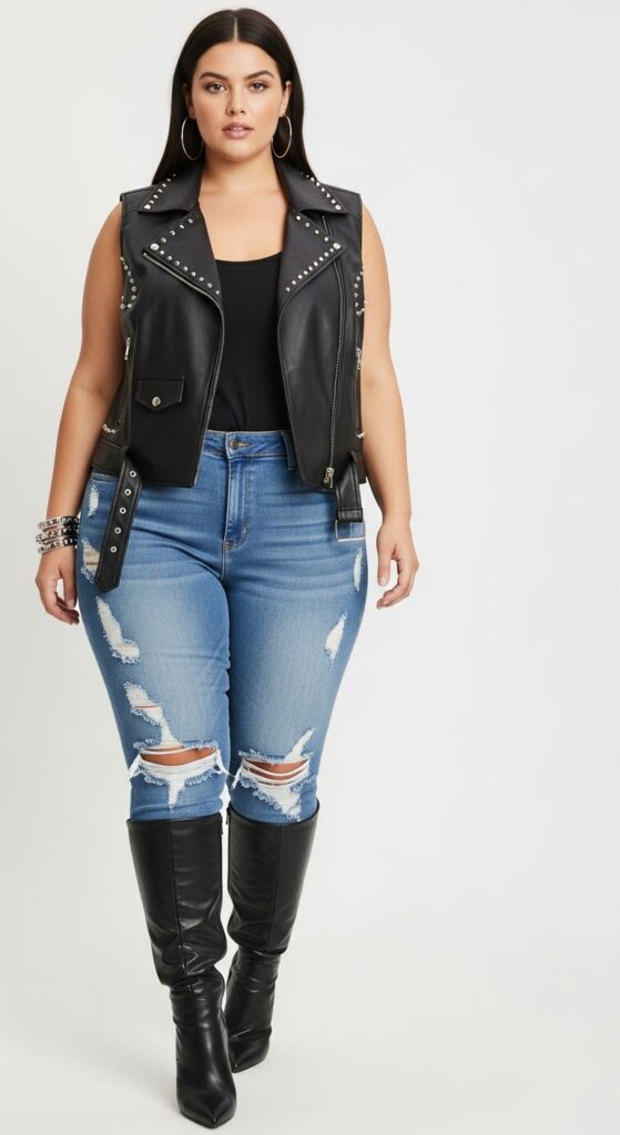 12 Plus Size Edgy Summer Outfits for Curvy Women You’ll Love 5 Biker Vest & Ripped Skinny Jeans Rocker Chic