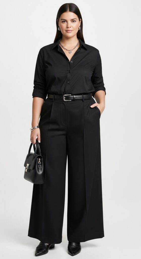 14 Plus Size Black Fall Outfits That Curvy Women Love 22 Black Button-Down Shirt and Wide-Legged Trousers
