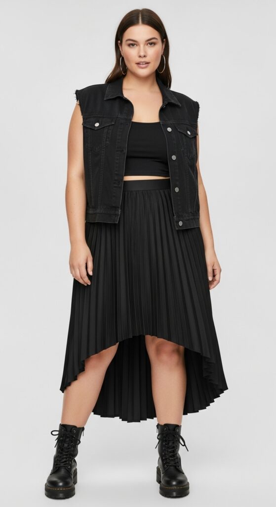 12 Plus Size Edgy Summer Outfits for Curvy Women You’ll Love 7 Black Denim Vest & Pleated Skirt High-Low Style