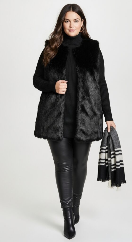 14 Plus Size Black Fall Outfits That Curvy Women Love 30 Black Faux Fur Vest and Turtleneck Top