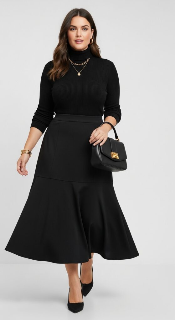 14 Plus Size Black Fall Outfits That Curvy Women Love 20 Black Flared Midi Skirt and Fitted Turtleneck