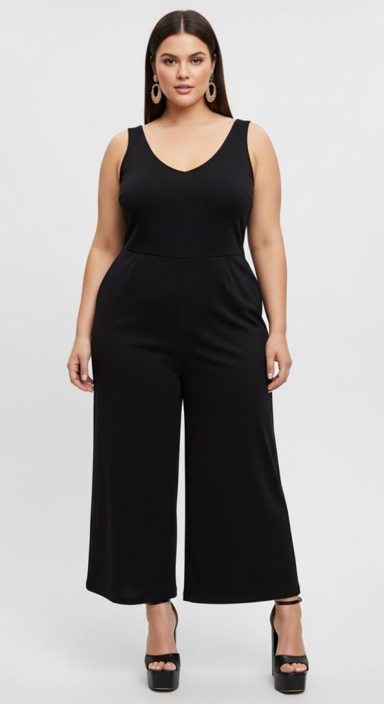 14 Plus Size Black Fall Outfits That Curvy Women Love 21 Black Jumpsuit and Platform Heels