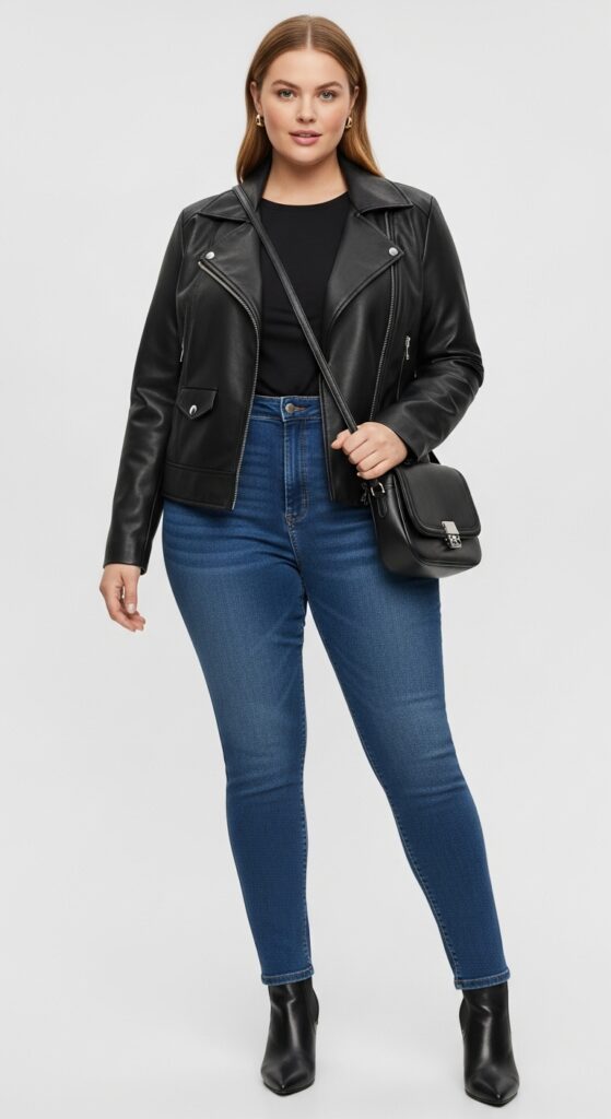 14 Plus Size Black Fall Outfits That Curvy Women Love 19 Black Leather Jacket and High-Waisted Jeans