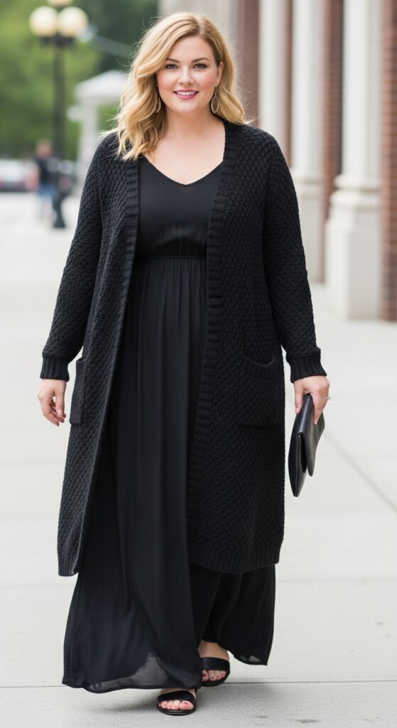 14 Plus Size Black Fall Outfits That Curvy Women Love 26 Black Maxi Dress and Long Cardigan