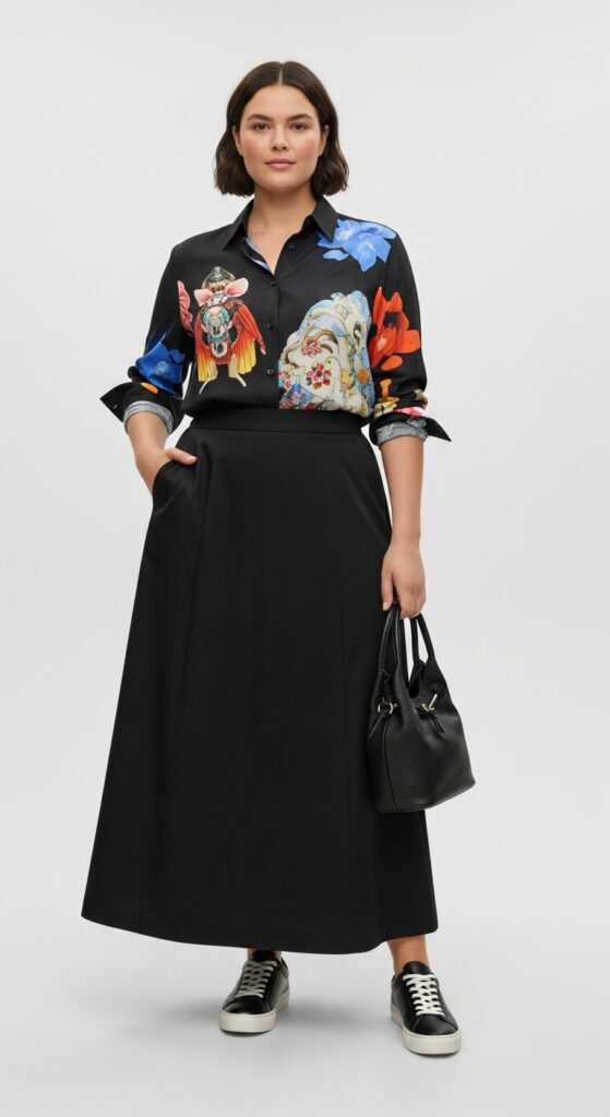 10 Stunning Plus Size Summer Long Skirt Outfits for Curvy Women 12 Black Maxi Skirt with Bold Button-Up