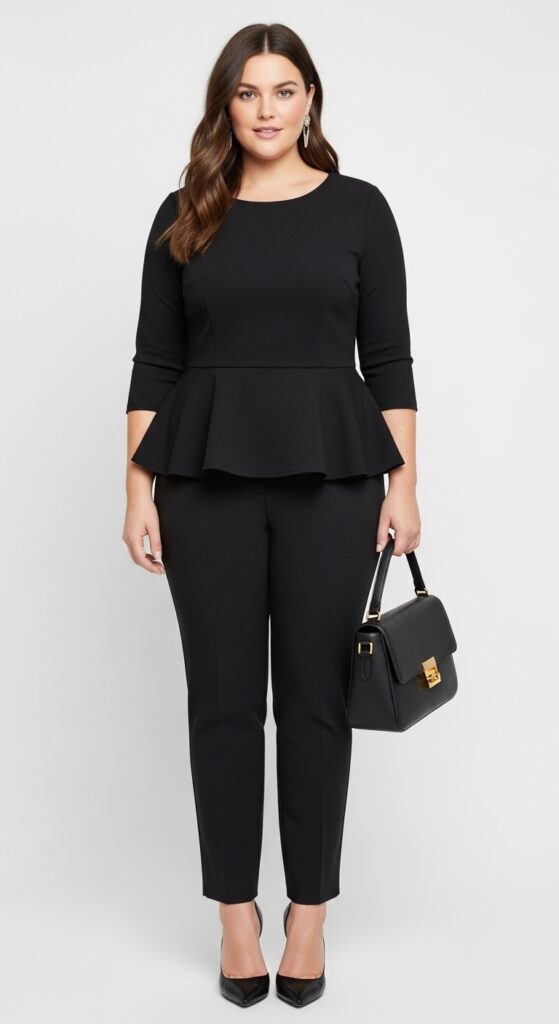 14 Plus Size Black Fall Outfits That Curvy Women Love 31 Black Peplum Top and Tailored Pants