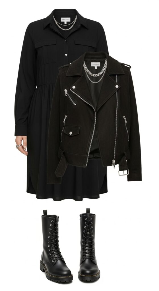 14 Plus Size Black Fall Outfits That Curvy Women Love 25 Black Shirt Dress and Combat Boots