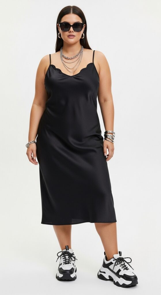 12 Plus Size Edgy Summer Outfits for Curvy Women You’ll Love 9 Black Slip Dress & Chunky Sneakers Modern and Bold