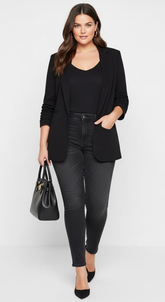14 Plus Size Black Fall Outfits That Curvy Women Love 27 Black Tailored Blazer and Skinny Jeans