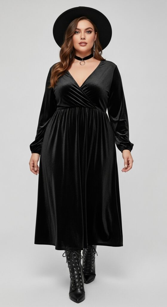 14 Plus Size Witchy Fall Outfits That Curvy Women Love 3 Black Velvet Dress and Lace-Up Boots