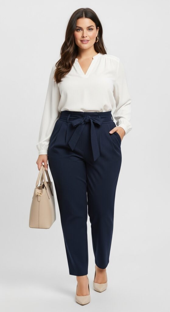 12 Plus Size Fall Professional Outfits Curvy Women Love 21 Blouse and High-Waisted Pants