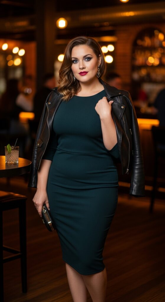 14 Plus Size Fall Going Out Outfits Curvy Women Will Love 7 Bodycon Mididress & Moto Jacket