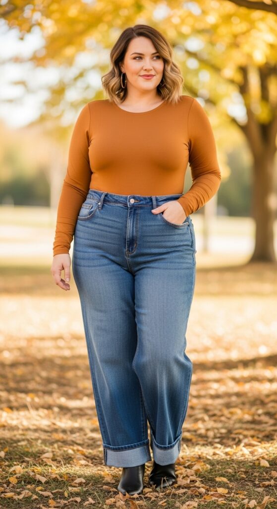 14 Plus Size Early Fall Outfits to Master the Season's First Cozy Vibes 11 Bodysuit & Wide-Leg Jeans