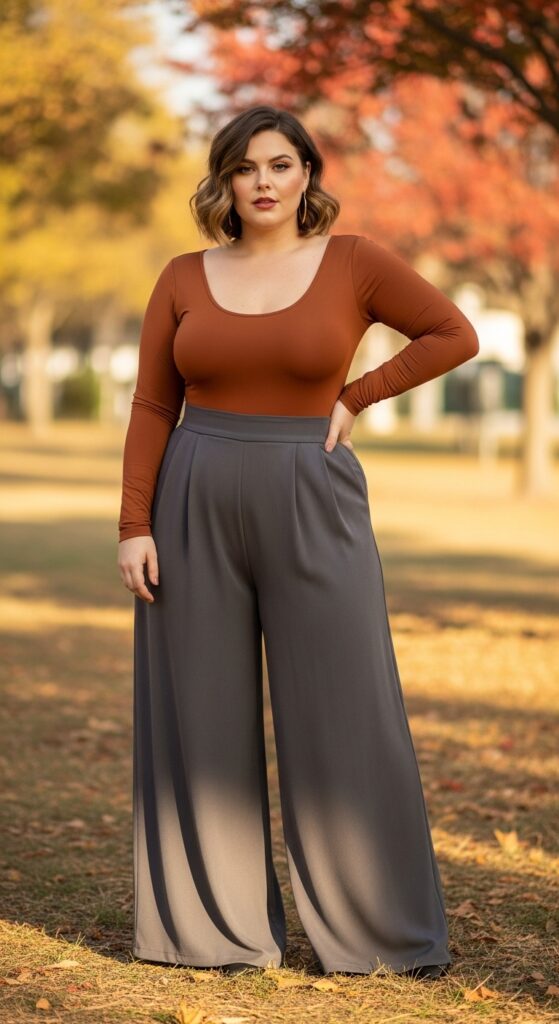 14 Plus Size Simple Fall Outfits Curvy Women Will Love 8 Bodysuit & Wide-Leg Pants