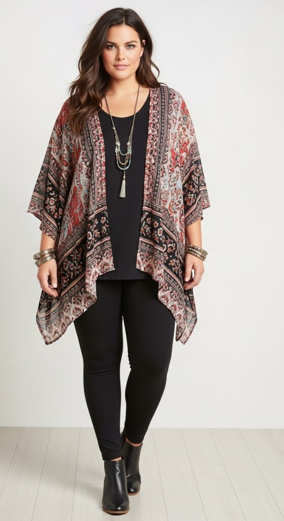 14 Plus Size Fall Boho Outfits That Curvy Women Love 9 Bohemian Kimono and Black Leggings