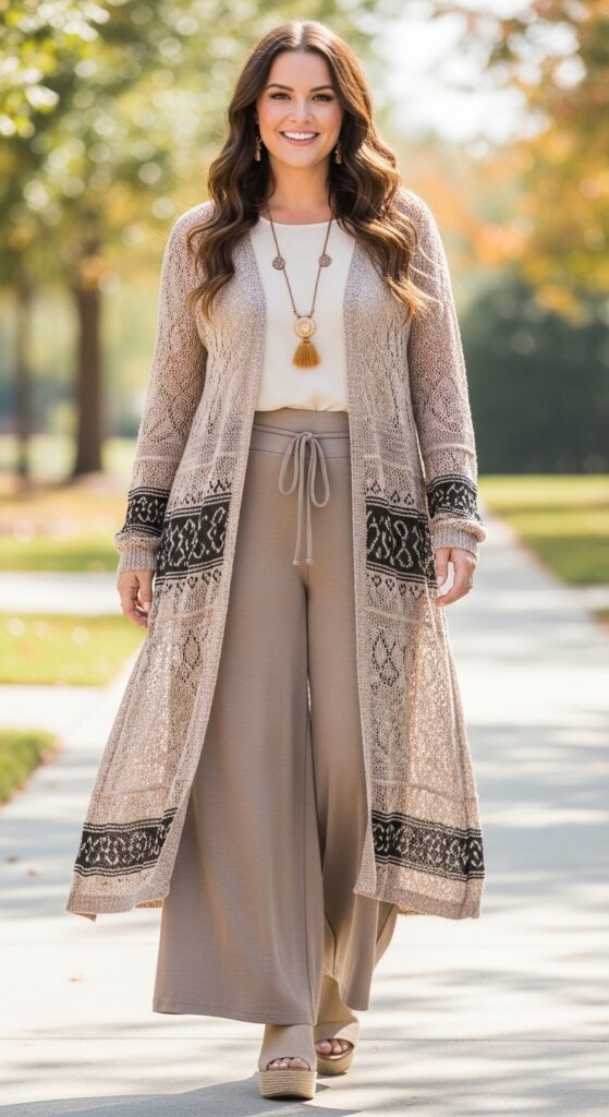 14 Plus Size Fall Boho Outfits That Curvy Women Love 5 Boho Cardigan and Wide-Legged Pants