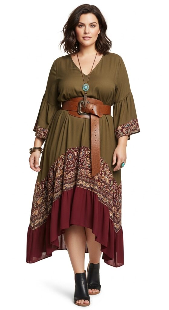 14 Plus Size Fall Boho Outfits That Curvy Women Love 10 Boho Dress and Wide Belt