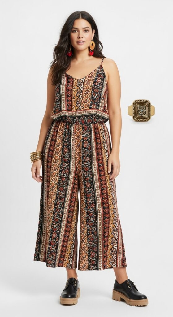 14 Plus Size Fall Boho Outfits That Curvy Women Love 15 Boho Jumpsuit and Chunky Shoes
