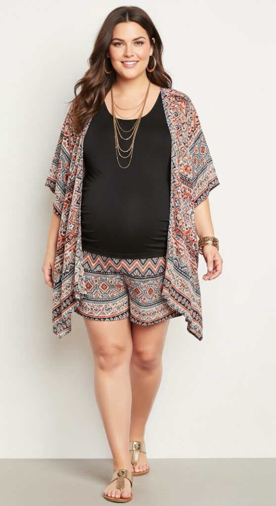 15 Stunning Plus Size Summer Pregnancy Outfits Every Curvy Mom-to-Be Will Love 12 Boho Kimono Top with Maternity Shorts