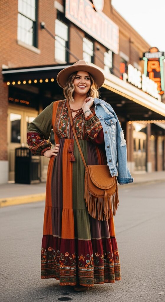 14 Plus Size Fall Nashville Outfits for an Unforgettable Trip 13 Boho Maxi Dress & Hat