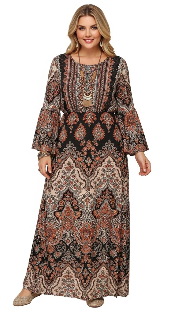 Boho Maxi Dress with Bell Sleeves