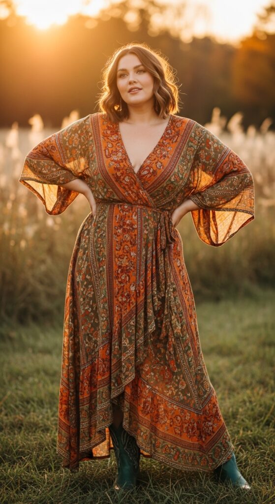 15 Plus Size Fall Dress Outfits That Celebrate Every Curve 5 Boho Maxi with Kimono Sleeves