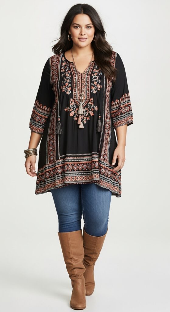 14 Plus Size Fall Boho Outfits That Curvy Women Love 4 Boho Tunic and Skinny Jeans