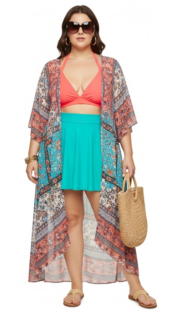 12 Stunning Plus-Size Summer Beach Outfits for a Chic Vacation Vibe 4 Bold Bikini and Kimono Combo