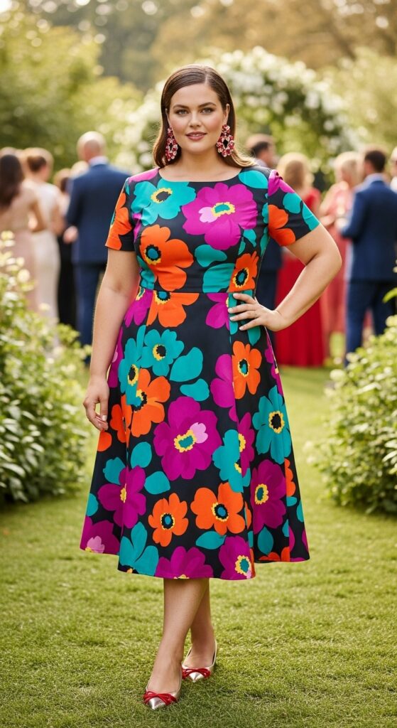10 Gorgeous Plus Size Floral Wedding Guest Dresses for Curvy Women 4 Bold Floral Midi Dress