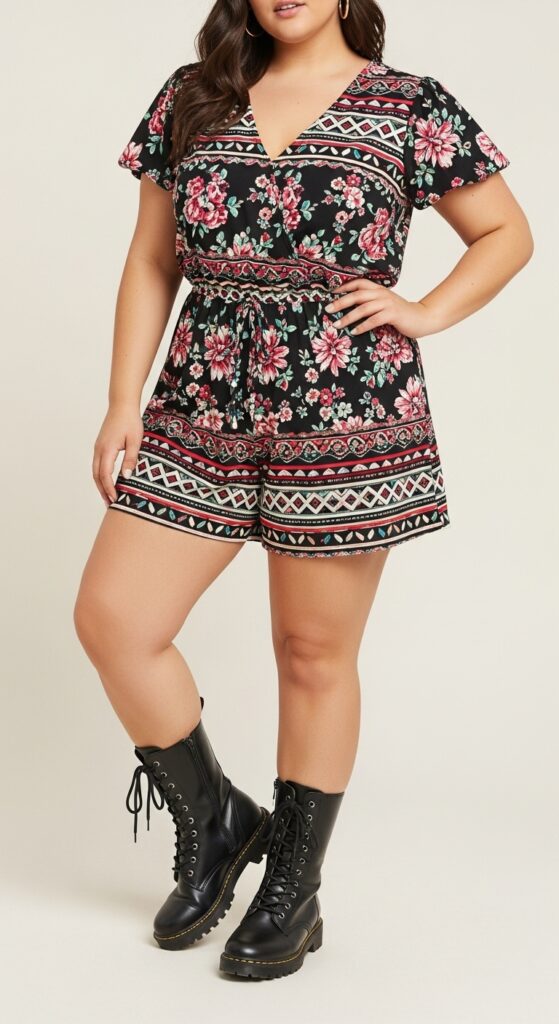 12 Plus Size Edgy Summer Outfits for Curvy Women You’ll Love 6 Bold Print Romper & Combat Boots Tough Yet Feminine