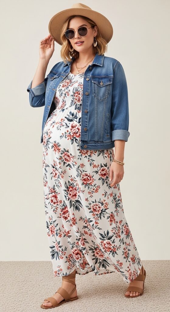 15 Stunning Plus Size Summer Pregnancy Outfits Every Curvy Mom-to-Be Will Love 3 Breezy Floral Maxi Dress