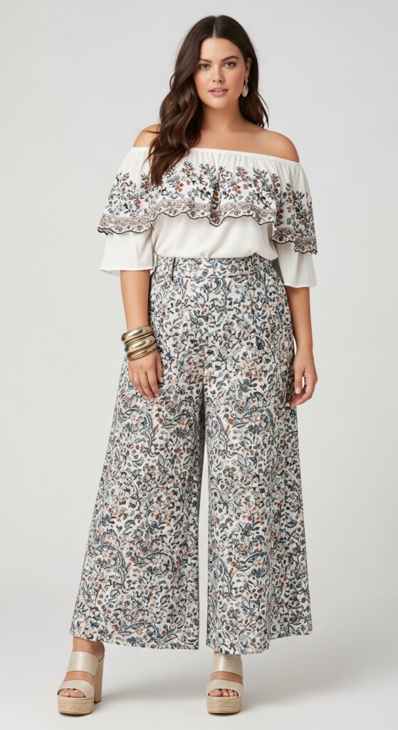 14 Plus Size Boho Summer Outfits Curvy Women Will Love 10 Breezy Off-Shoulder Blouse and Wide-Leg Pants
