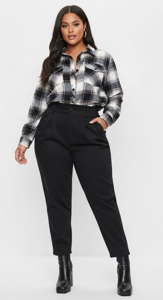 Button-Down Flannel Shirt and High-Waisted Pants
