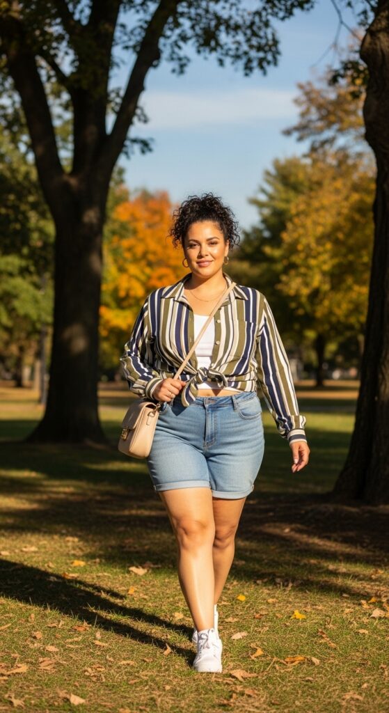 14 Plus Size Early Fall Outfits to Master the Season's First Cozy Vibes 10 Button-Down Shirt & Shorts