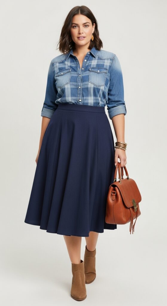 14 Plus Size Fall Western Outfits That Curvy Women Love 21 Button-Down Shirt and A-Line Skirt