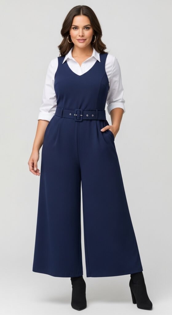 12 Plus Size Fall Professional Outfits Curvy Women Love 24 Button-Down Shirt and Wide-Legged Jumpsuit