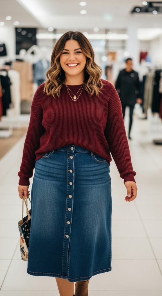 15 Plus Size Fall Mom Outfits Curvy Mothers Will Love 10 Button-Front Midi Skirt & Sweater