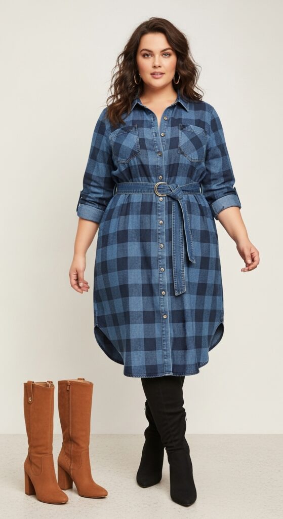 15 Chic Plus Size Fall Fashion Outfits Every Curvy Woman Will Love 10 Button-Up Shirt Dress and Heeled Booties