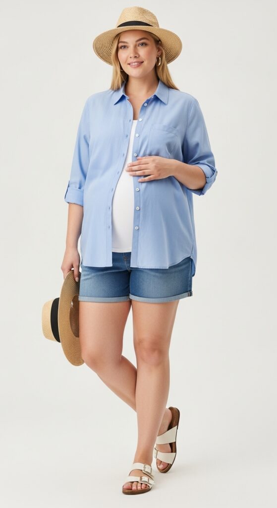 15 Stunning Plus Size Summer Pregnancy Outfits Every Curvy Mom-to-Be Will Love 17 Button-Up Shirt with Maternity Shorts