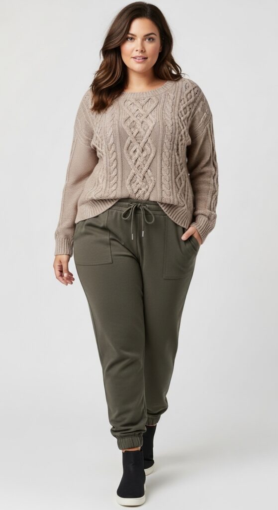 14 Chic and Cozy Plus Size Fall and Winter Outfits Every Curvy Woman Will Love 16 Cable Knit Sweater and Jogger Pants