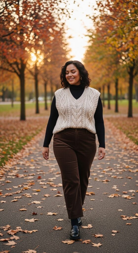 14 Plus Size Fall Vest Outfits Curvy Women Will Love 10 Cable-Knit Vest & Turtleneck