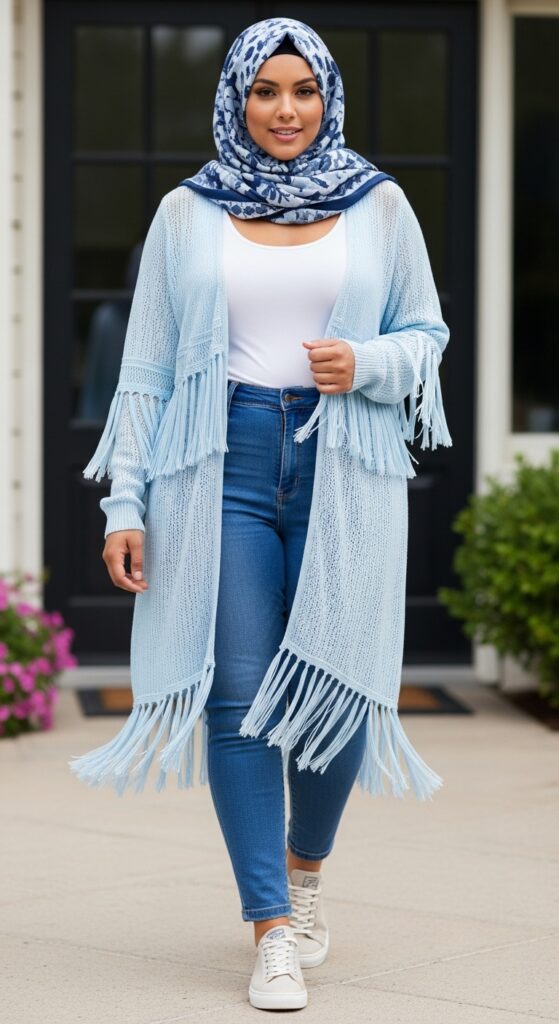 Cardigan in Icy Blue over Tank and Jeans